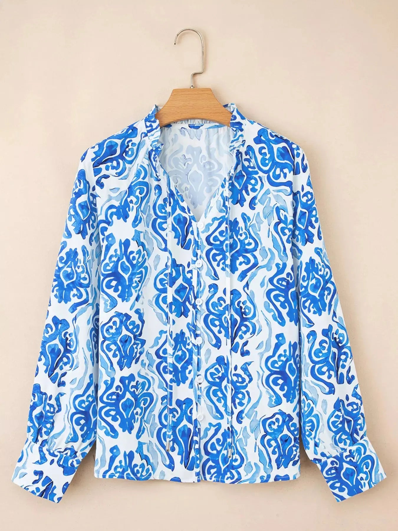 Printed Tie Split Neck Button Front Puff Sleeve Top