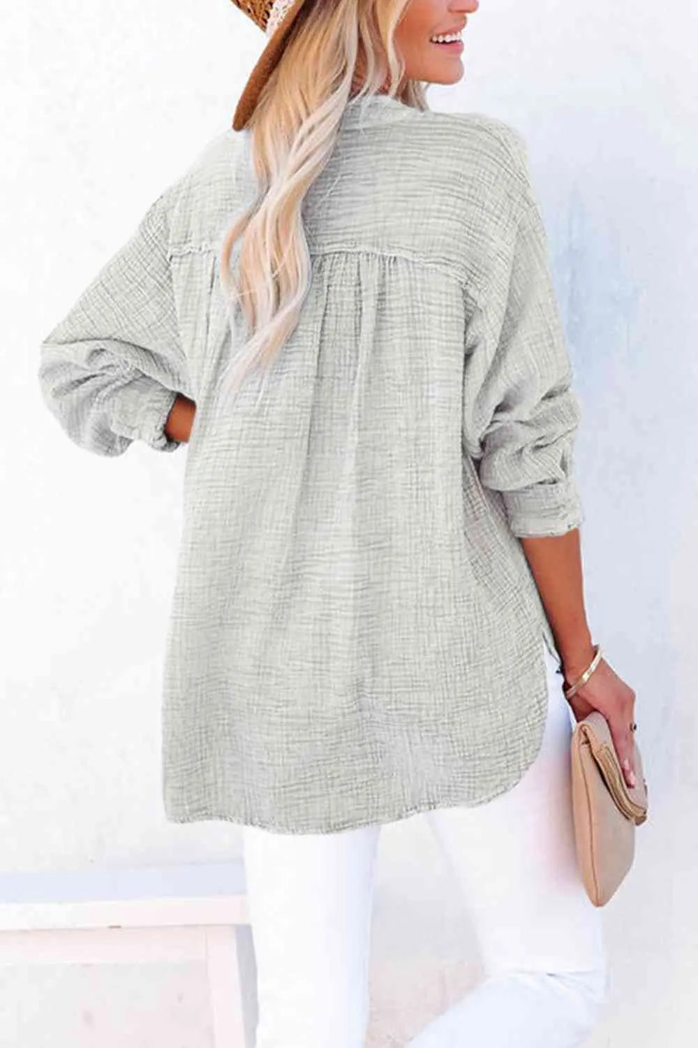 Women's Textured Cotton Buttoned Long Sleeve Blouse