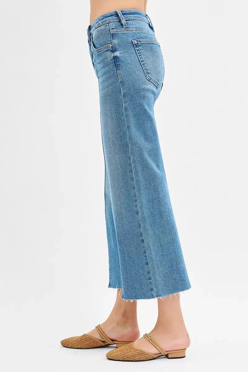 RISEN Jeans - Tummy Control Mid Rise Crop Wide Front Slit Jeans
