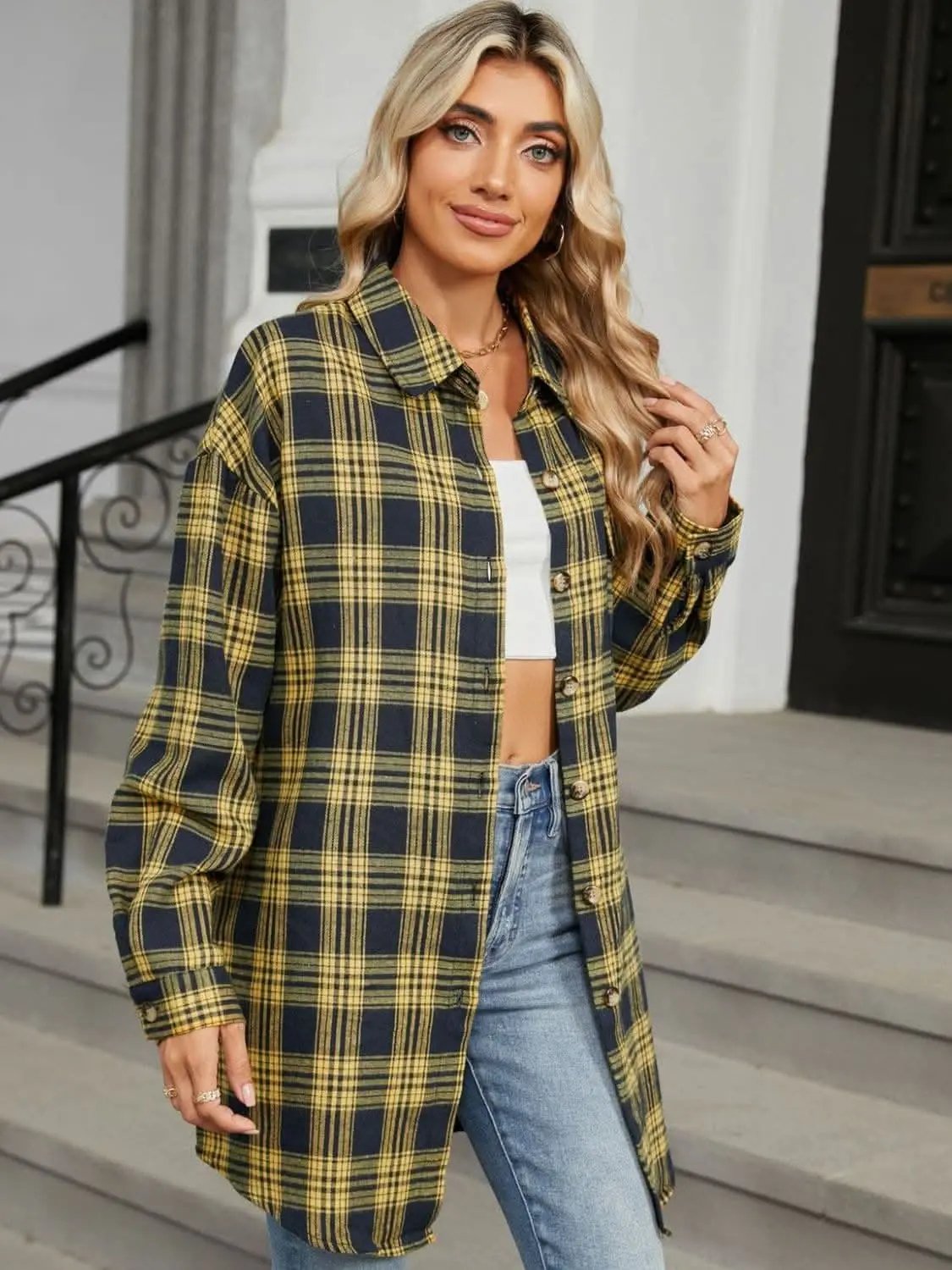 Trendsi Plaid Collared Shirt Long Sleeve — Casual Dusty Pink