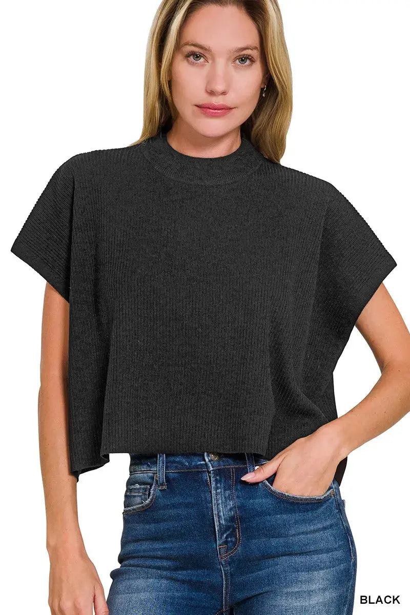 Zenana Black Viscose Mock Neck Short Sleeve Boxy Sweater