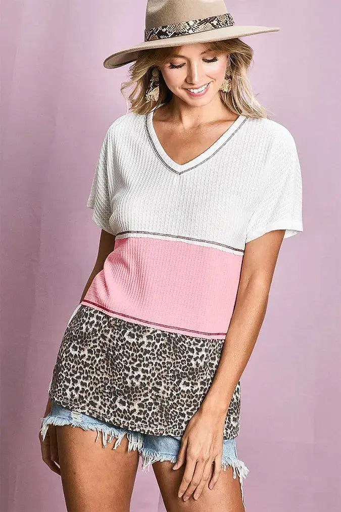 Women's Casual Top Women's Top - Color Block Waffle Knit - Soft & Relaxed