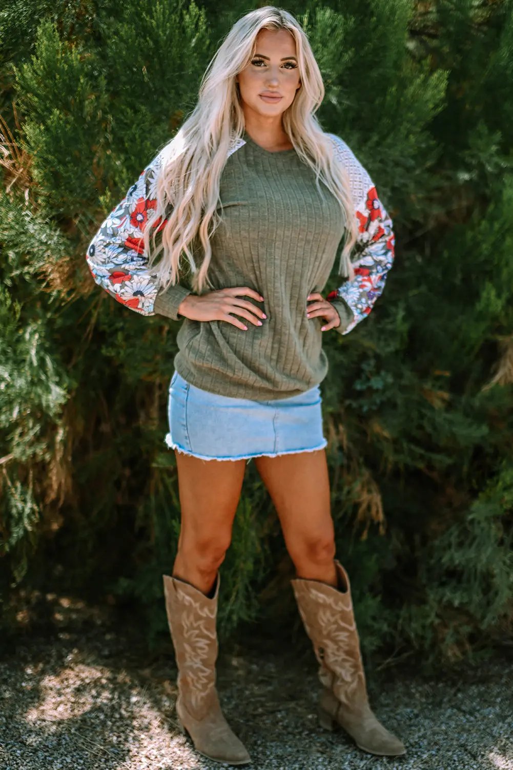Women's Blouse Blouse - Patchwork Ribbed Long Sleeve Floral Top