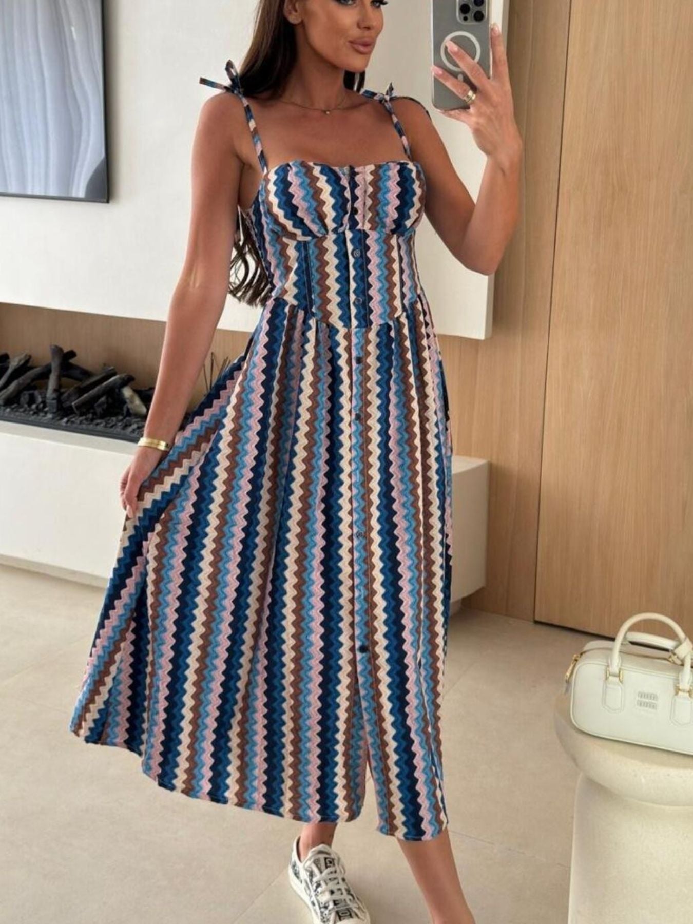 Striped Tie Shoulder Midi Dress