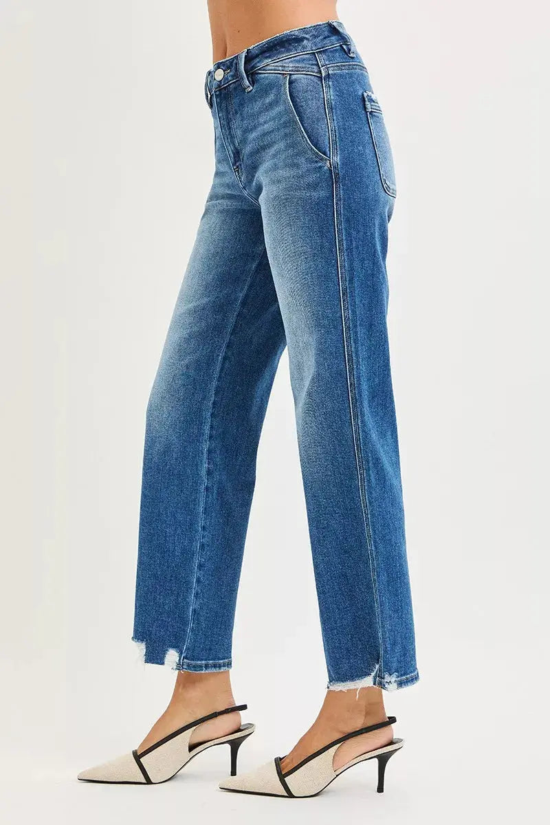 RISEN Jeans - High Rise Ankle Straight Distressed Hem Detail Jeans