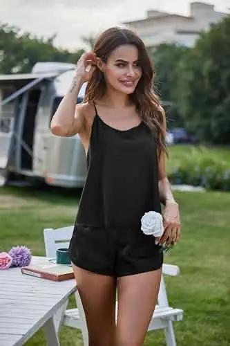 Love Salve Satin Pajamas Women's Backless Lingerie Cami Shorts Set Nightwear