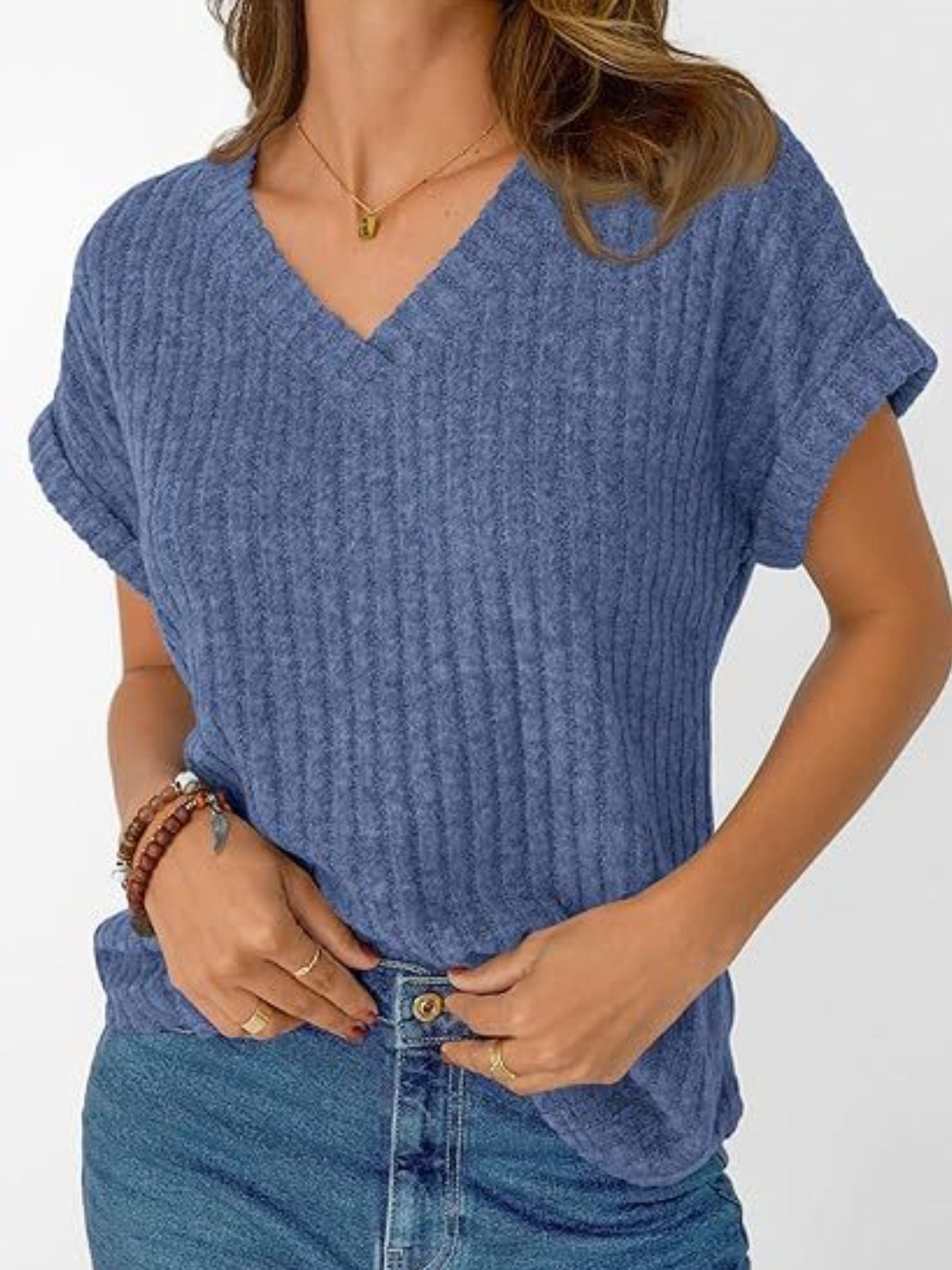 Ribbed Knit V Neck Relaxed Fit T Shirt