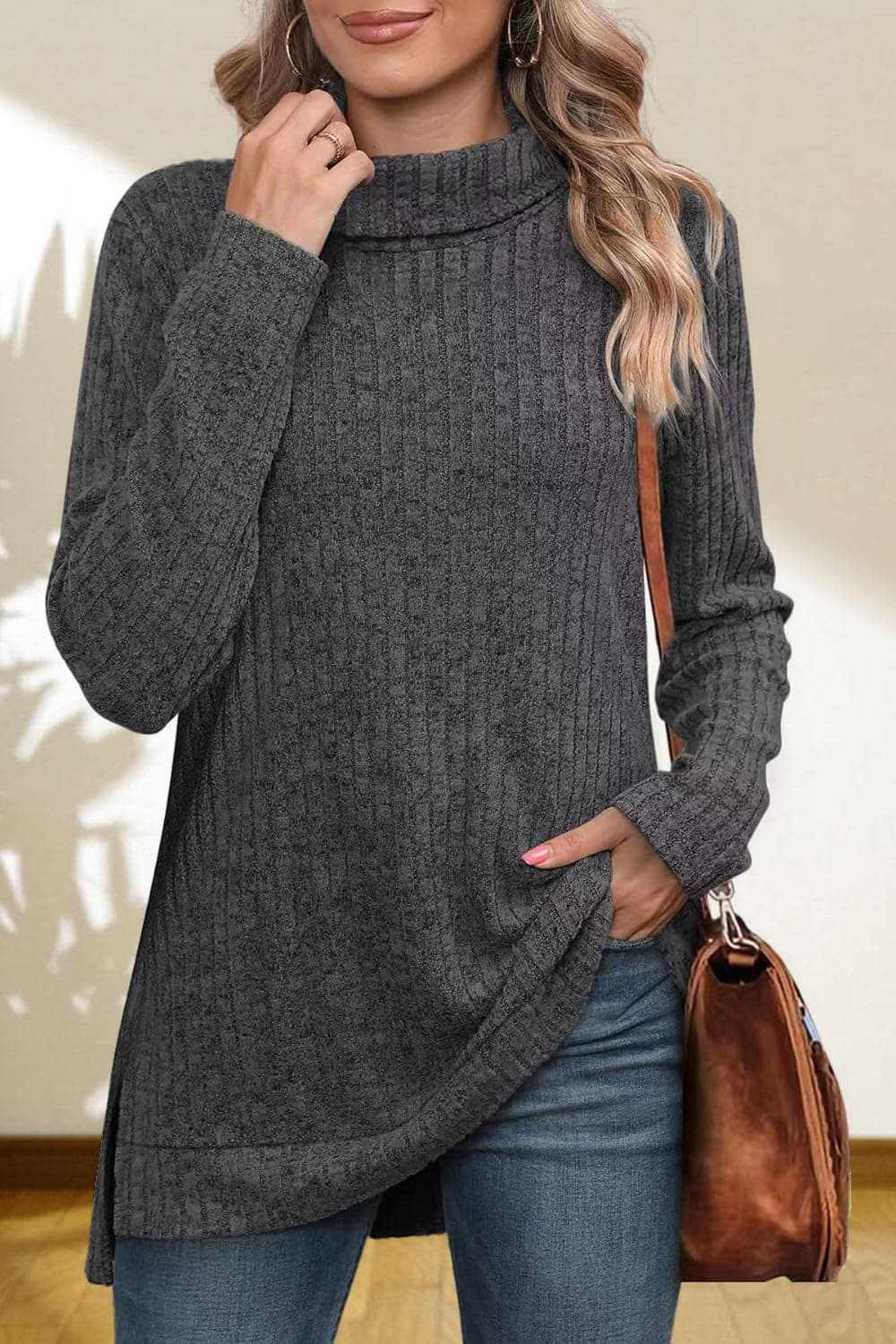 Cerise Turtleneck Sweater by Trendsi – Quality High-Low Hem Style