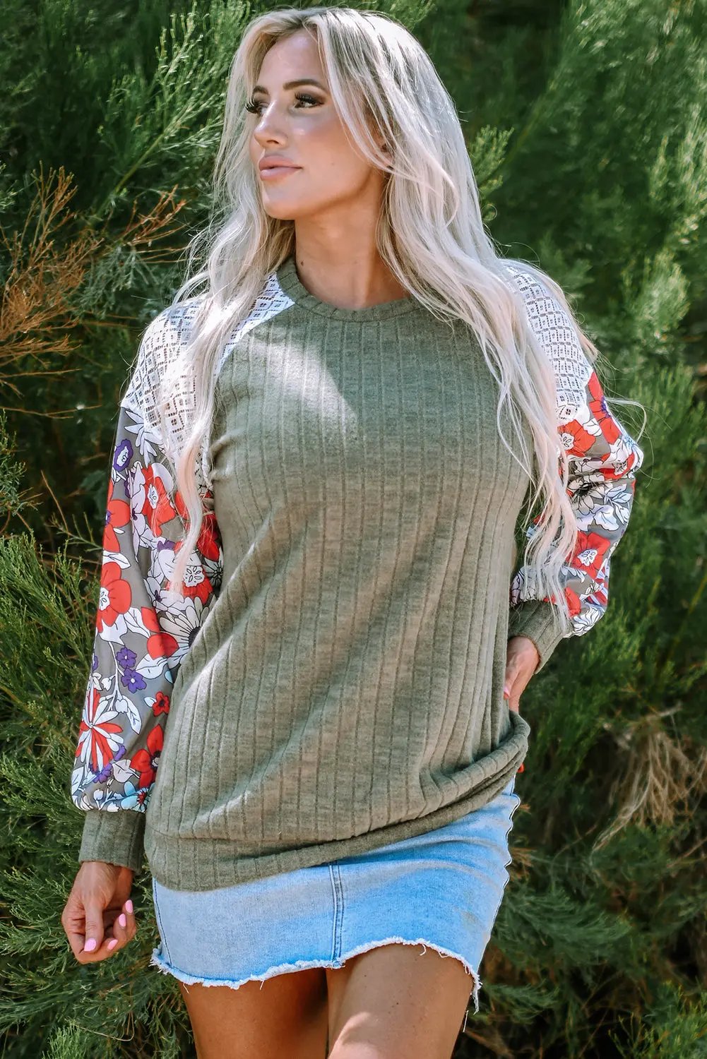 Women's Blouse Blouse - Patchwork Ribbed Long Sleeve Floral Top