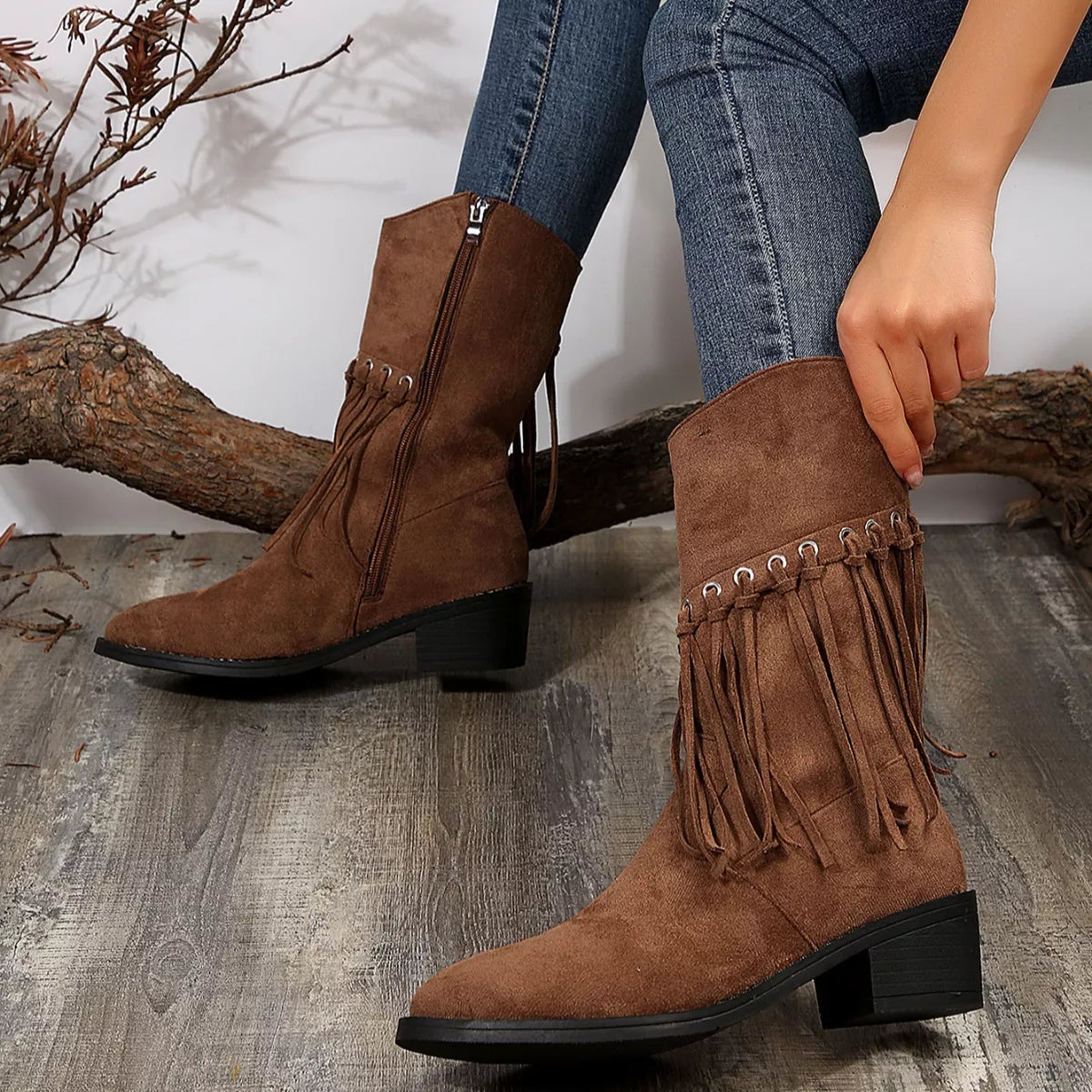 Fringe Western Block Heel Boots