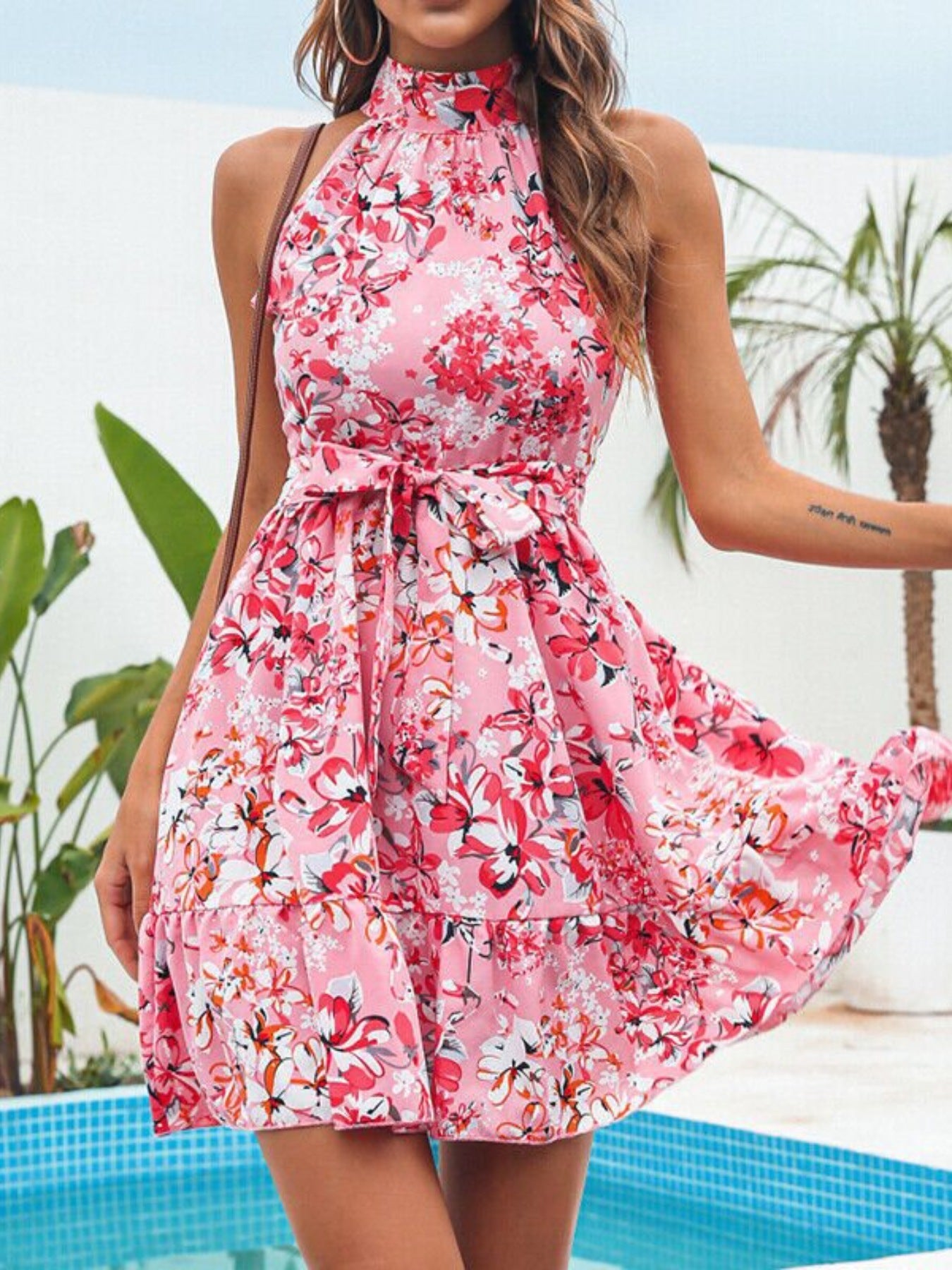 Floral Tie Waist Halter Neck Ruffle Mini Dress