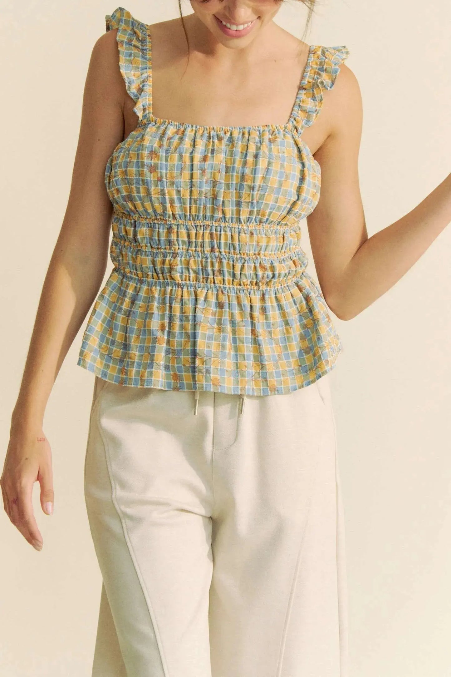 Women's Tank Top Tank Top - Plaid Smocked Ruffle Strap - Cute