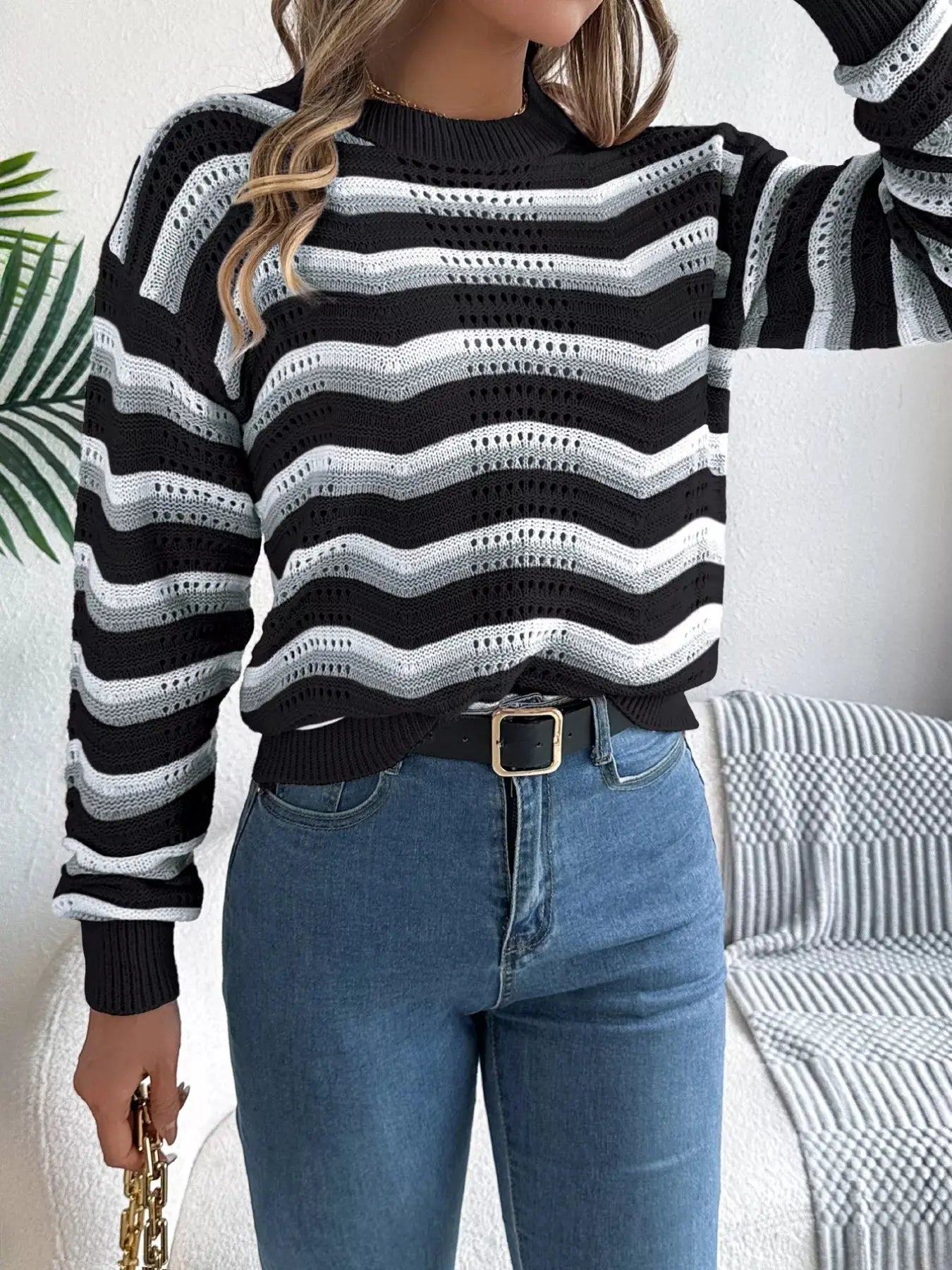 Round Neck Striped Long Sleeve Sweater