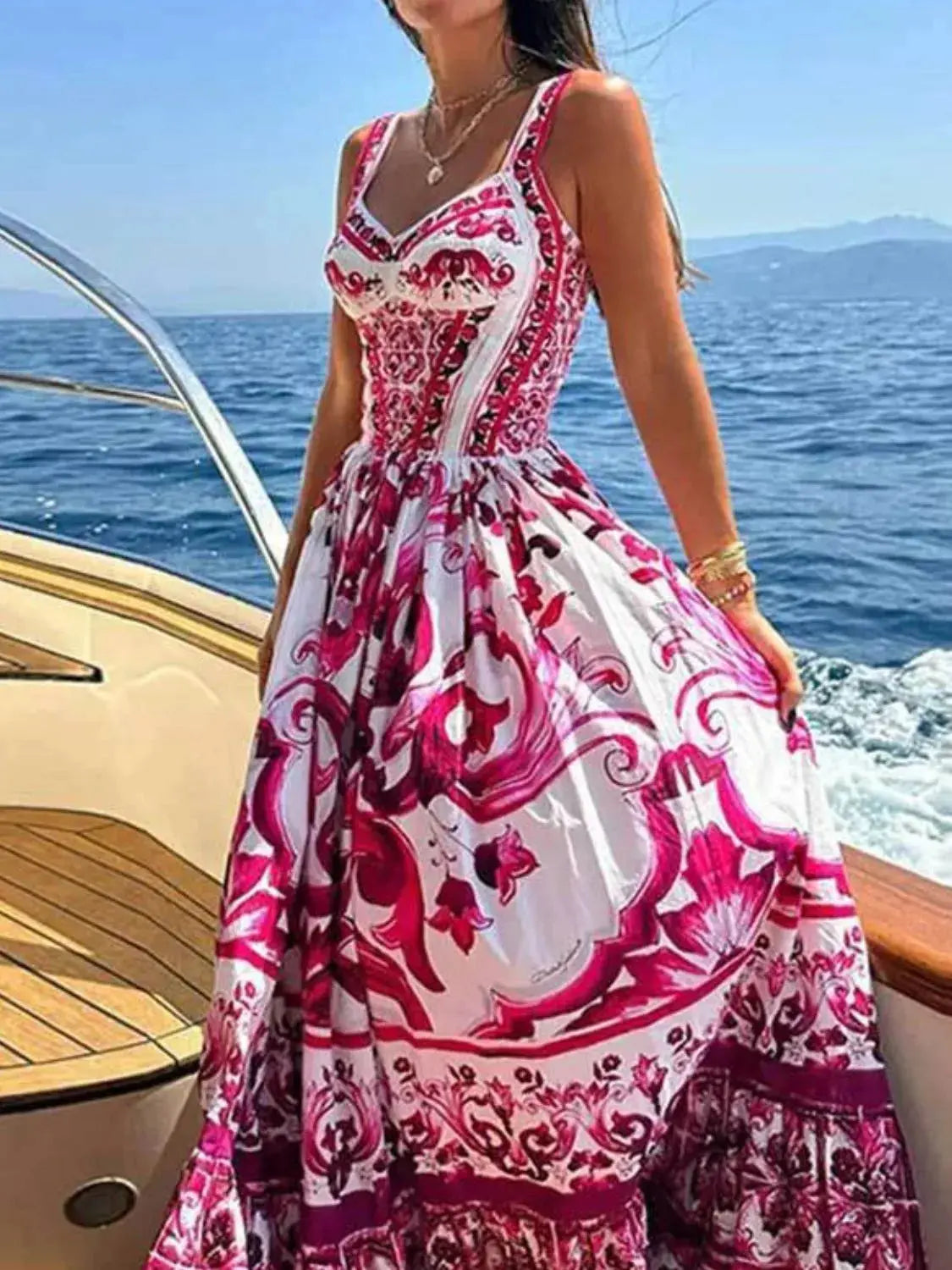 Smocked Blue Tile Print Wide Strap Midi Dress