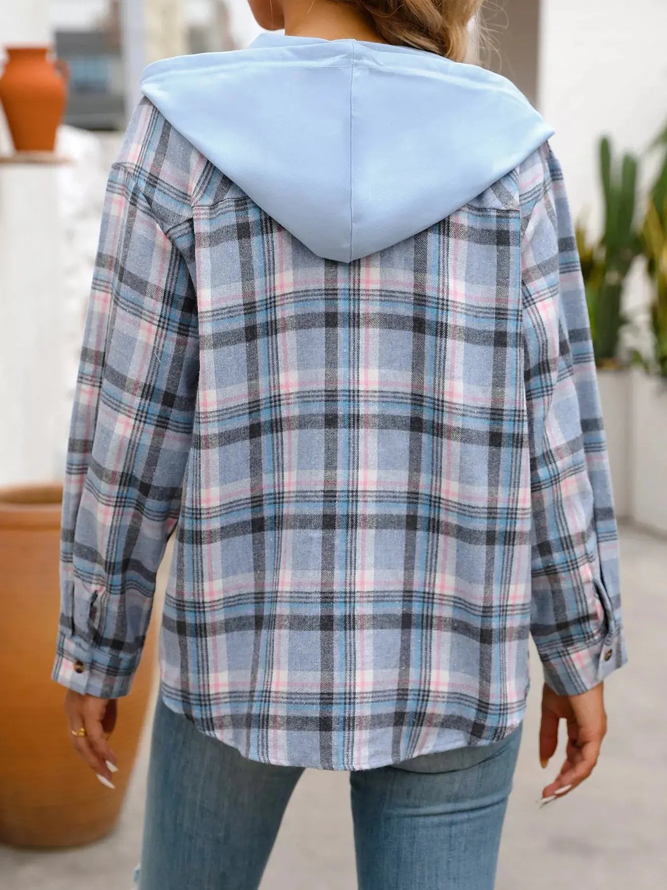 Plaid Button-Up Oversized Hooded Shirt with Chest Pocket