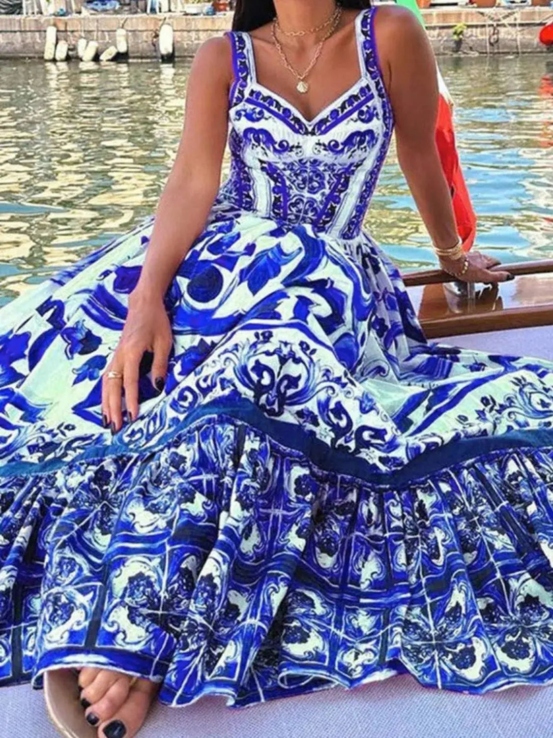 Smocked Blue Tile Print Wide Strap Midi Dress