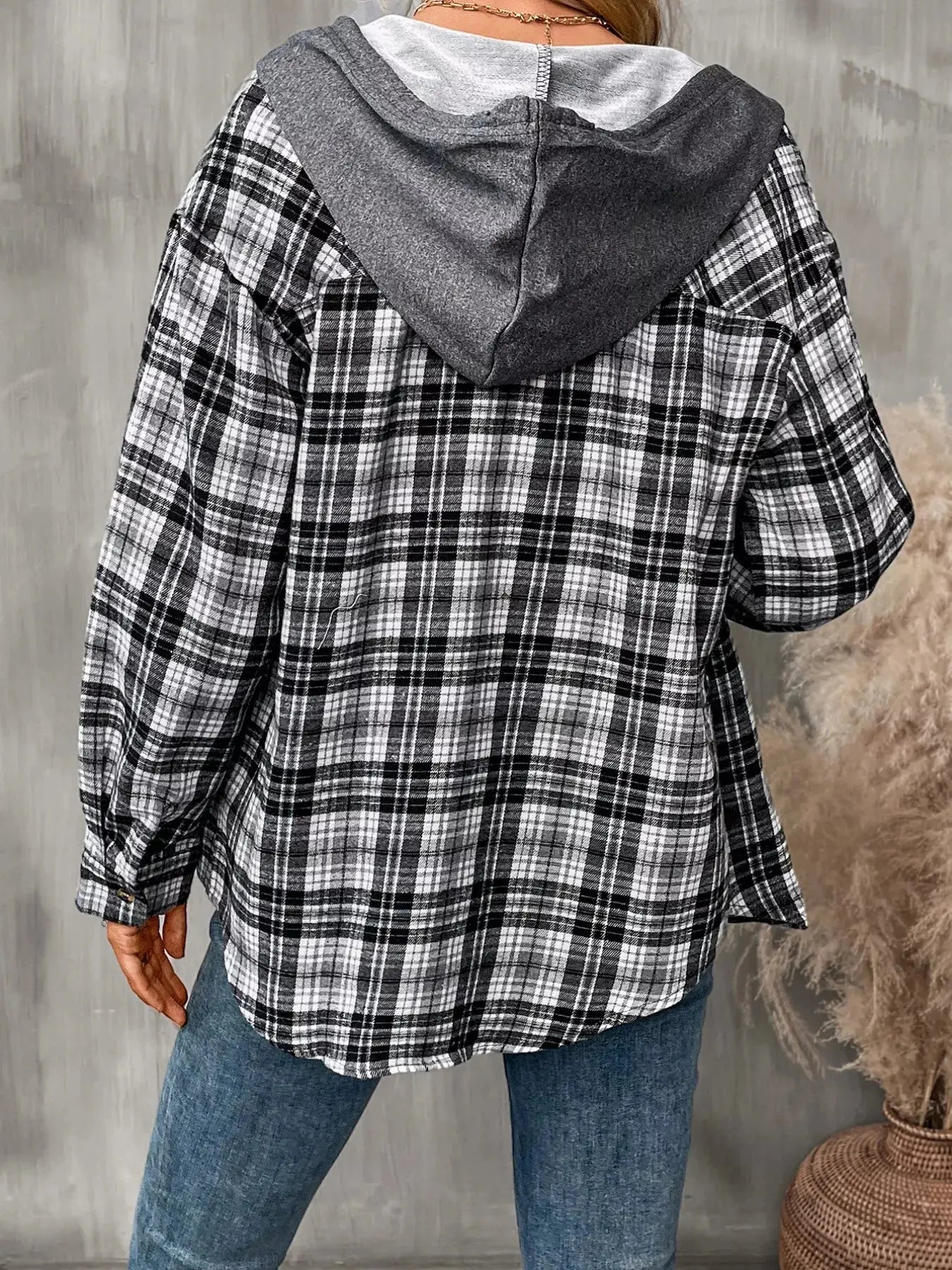 Plaid Button-Up Oversized Hooded Shirt with Chest Pocket