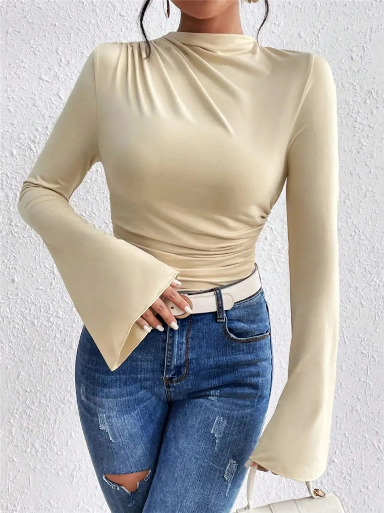 Bell Sleeve Fitted Ruched T Shirt with Mock Neck