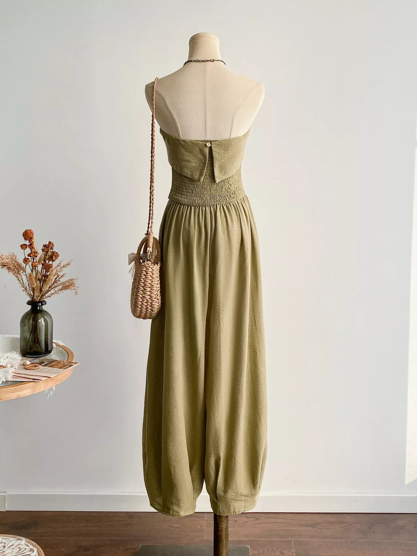 Khaki Wide Leg Tube Jumpsuit