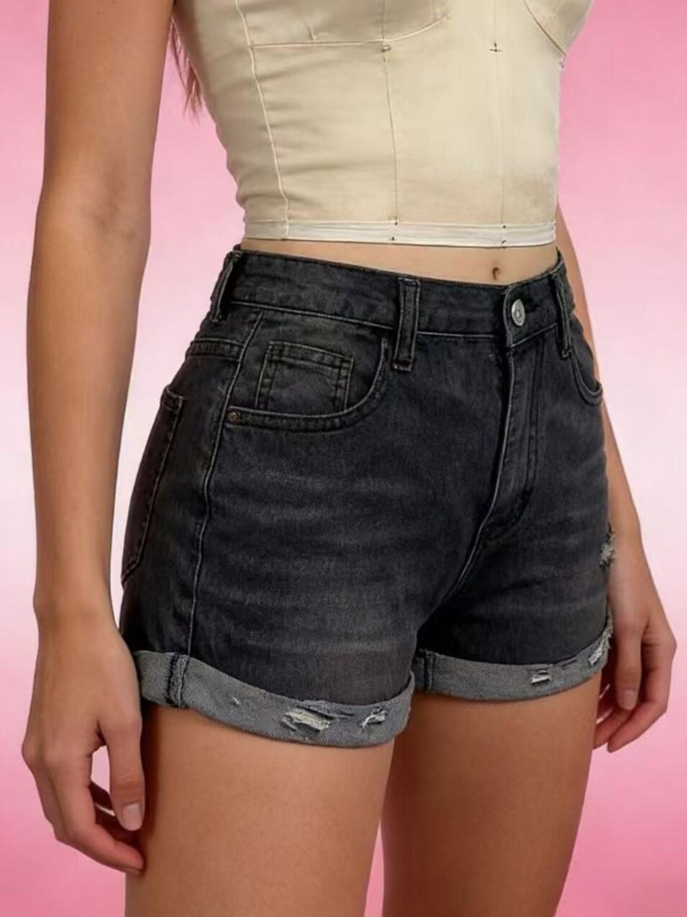 Distressed Denim Roll Up Shorts