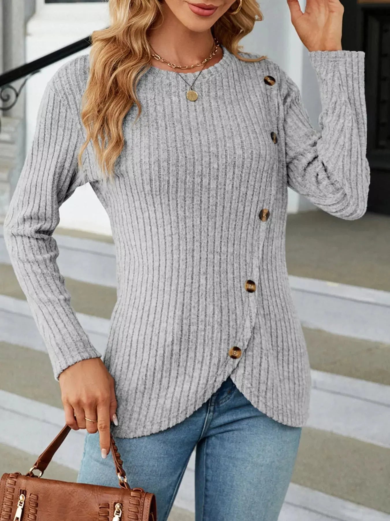 Decorative Button Ribbed Knit T Shirt