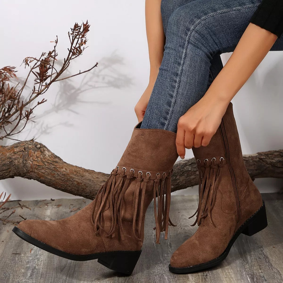 Fringe Western Block Heel Boots