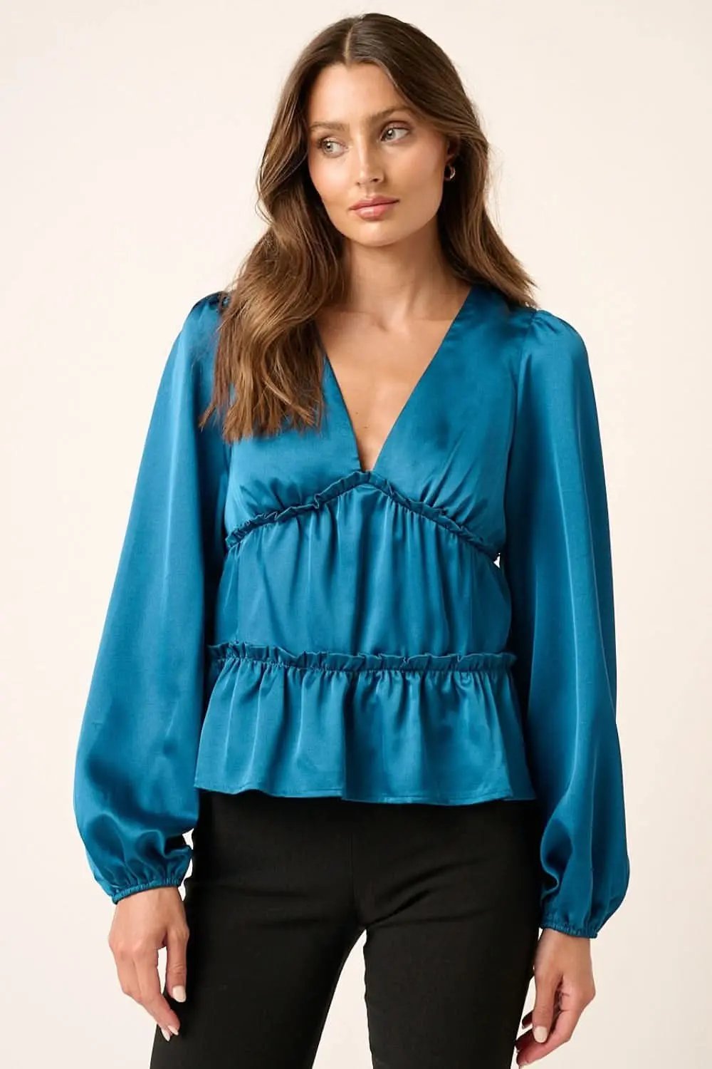 Women's Blouse Satin Blouse - V-Neck Ruffled Tier - Elegant Office & Date Top