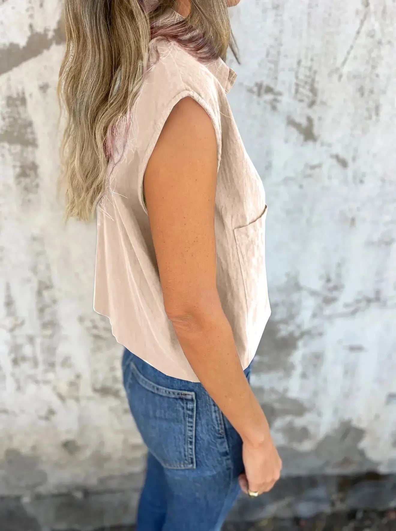 Full Size Cap Sleeve Button Down Linen Shirt