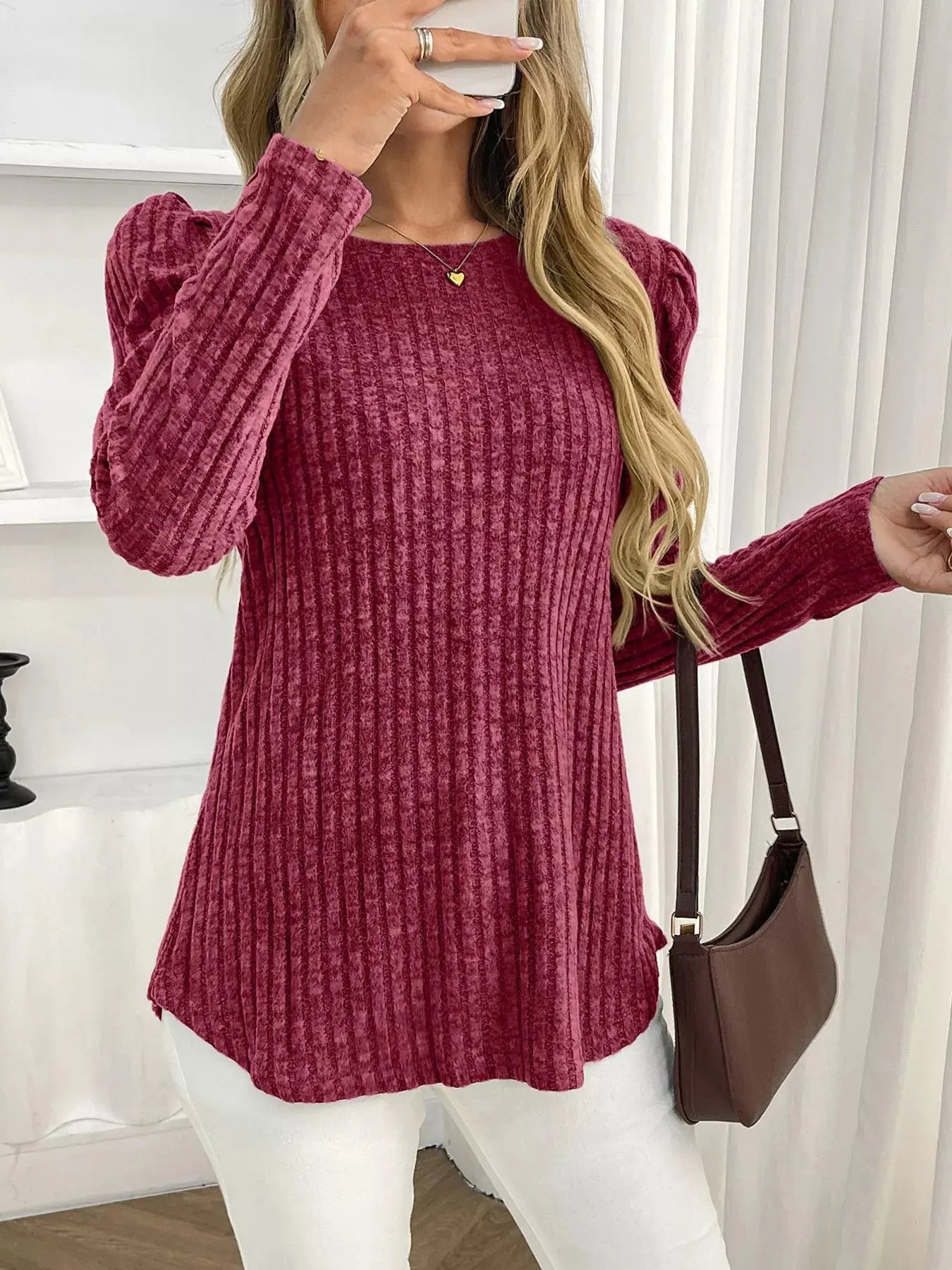 Round Neck Puff Sleeve T Shirt