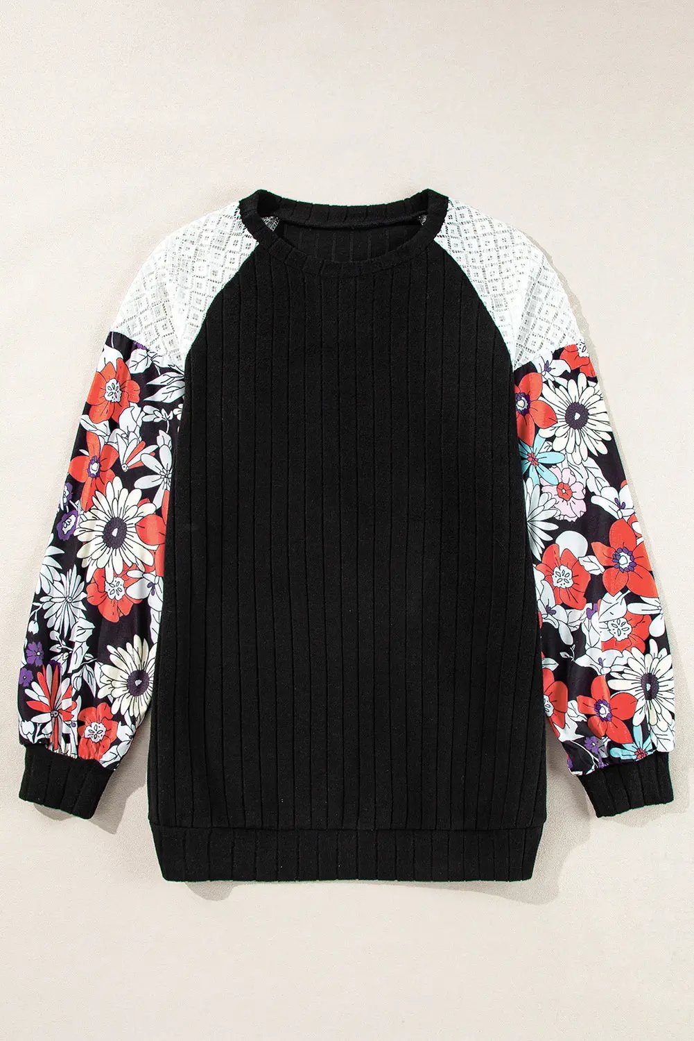 Women's Blouse Blouse - Patchwork Ribbed Long Sleeve Floral Top