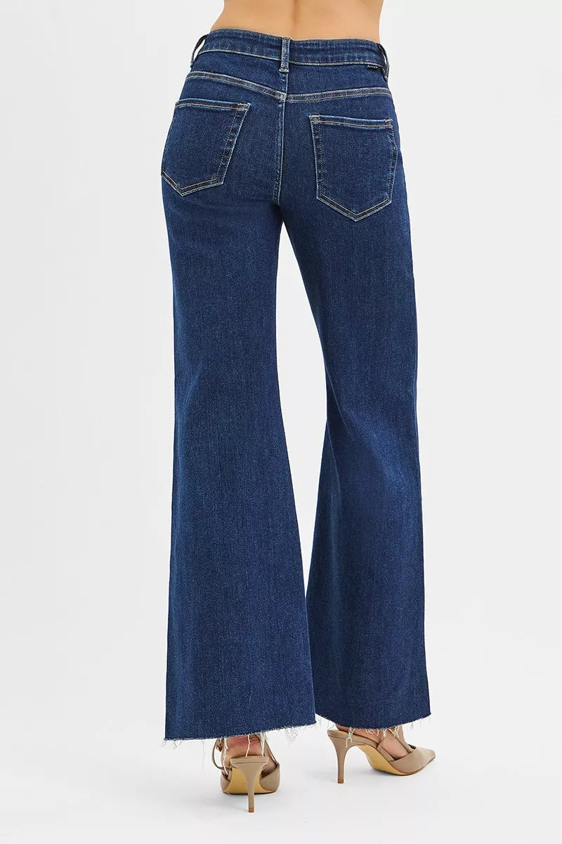 RISEN Jeans - High Rise Wide Flare Jeans with Front Leather Pocket Detail
