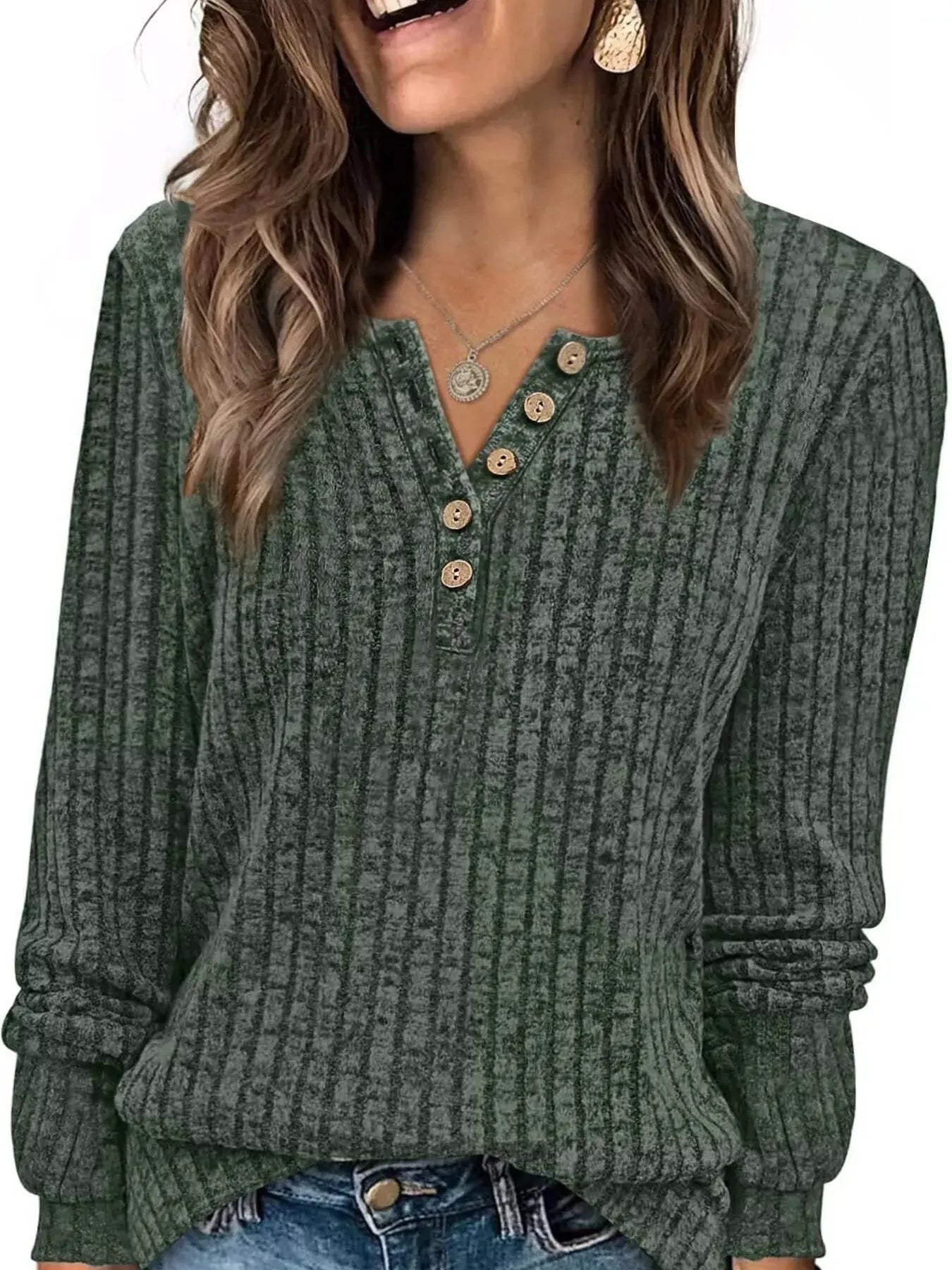 Ribbed Knit Button Front Long Sleeve T Shirt