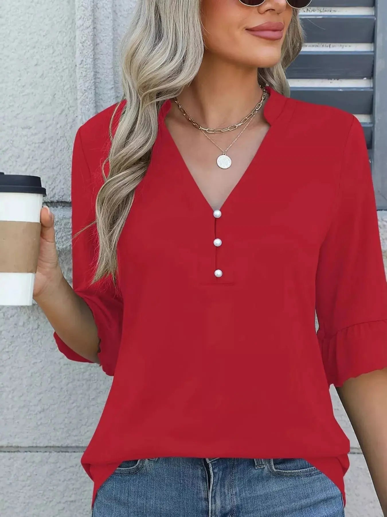 Full Size Notched Flounce Sleeve Blouse