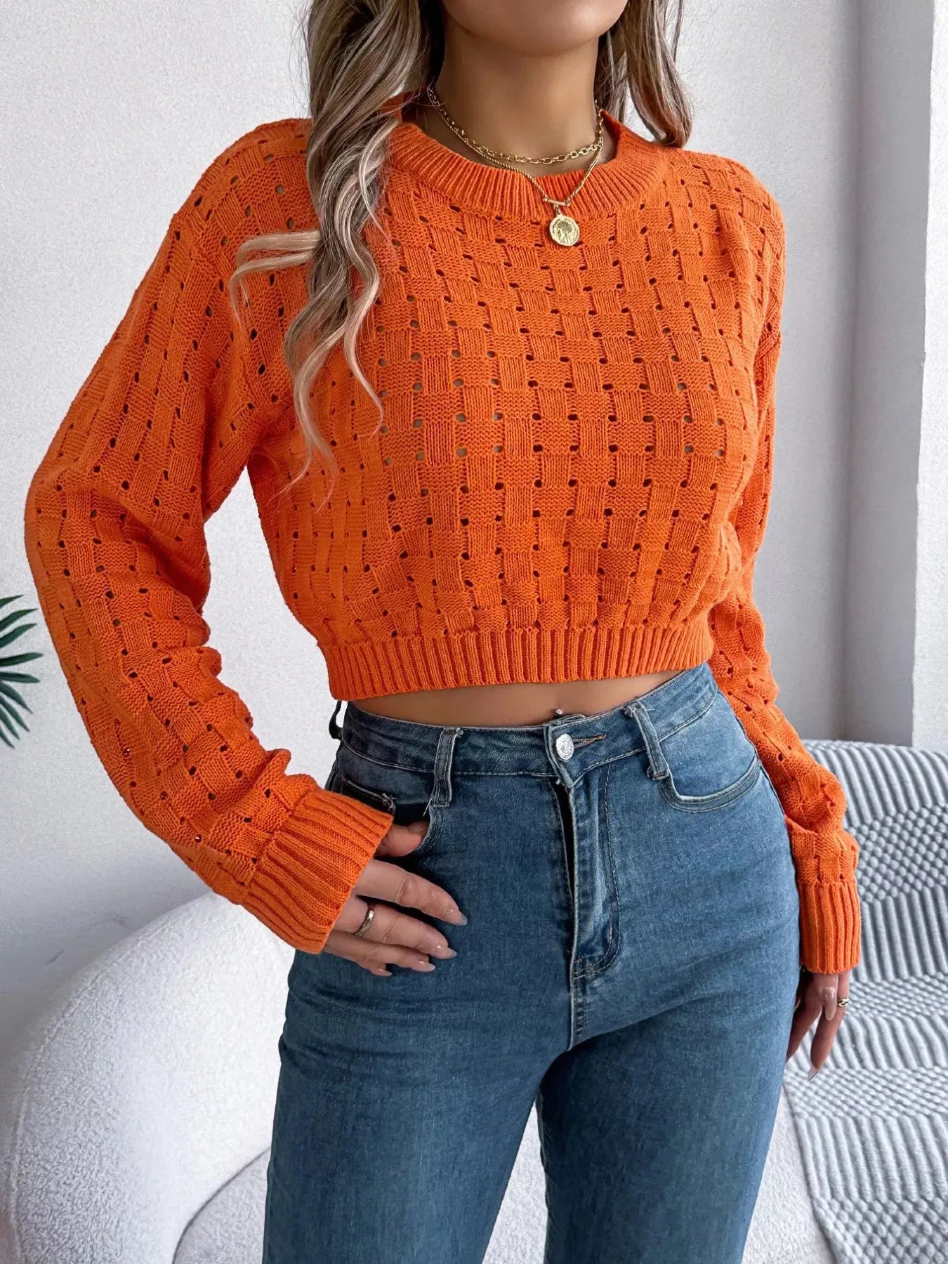 Round Neck Cutout Back Long Sleeve Openwork Sweater