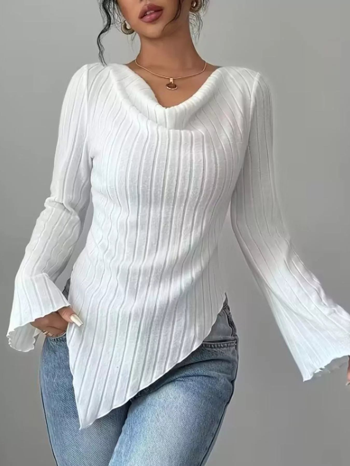 Cowl Neck Ribbed Knit Top