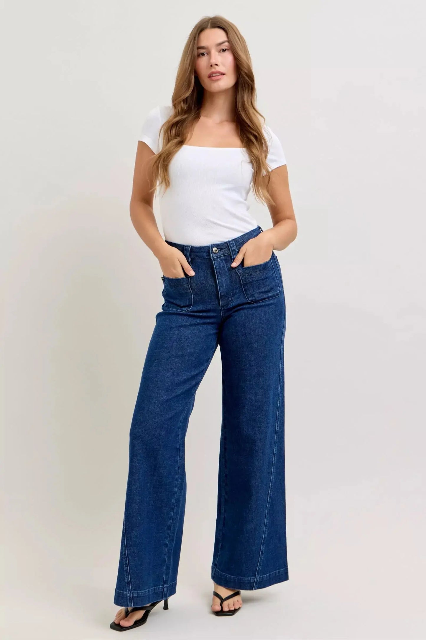 Judy Blue High-Waisted Retro Wide Jeans with Patch Pockets & Twisted Seams