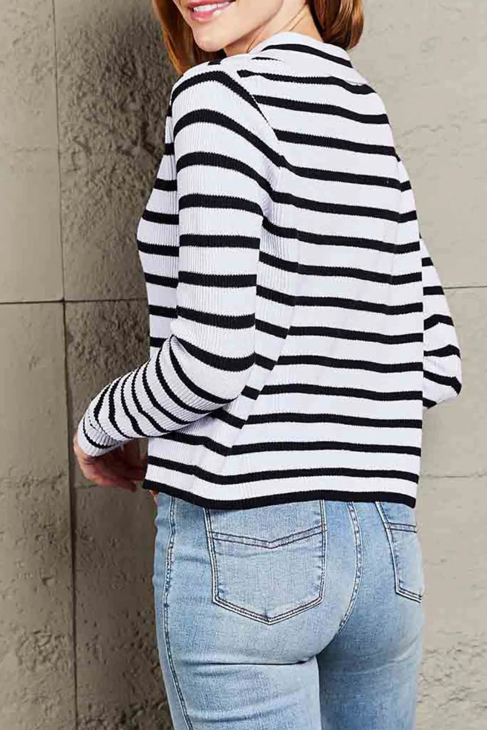 Double Take Striped Johnny Collar Long Sleeve Knit Top
