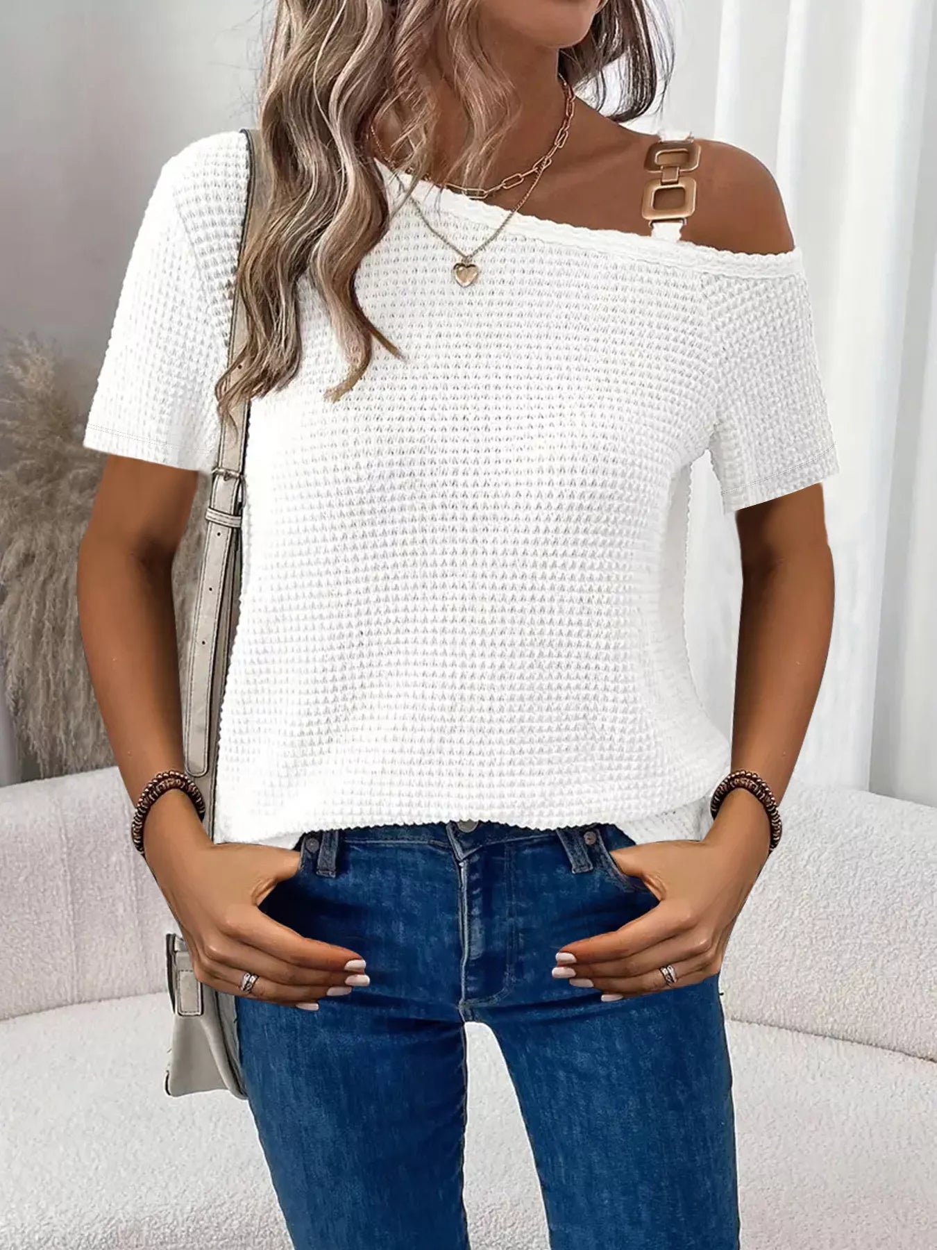 Chain Detail Waffle Knit One Shoulder T Shirt