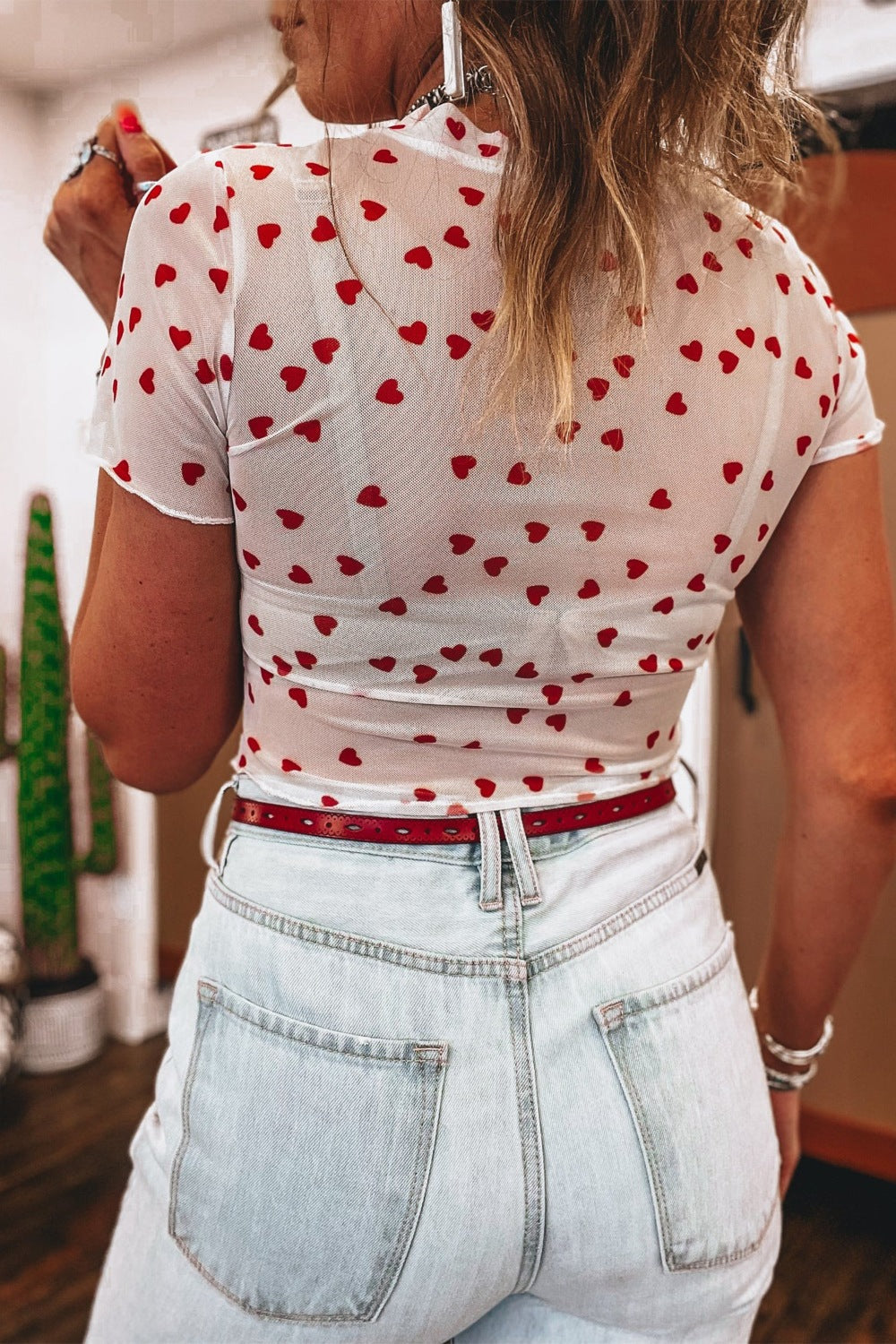 Women's Sheer Heart Print Fitted Mesh Blouse
