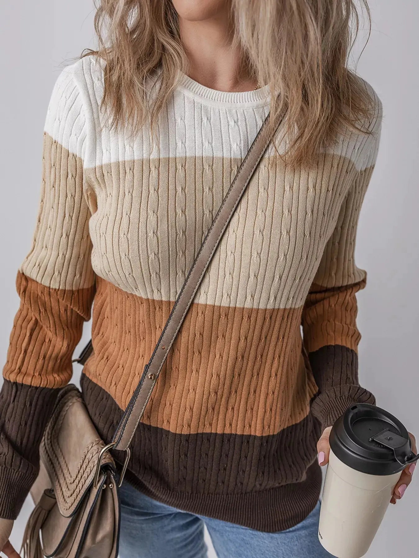Colorblock Round Neck Cable Knit Sweater
