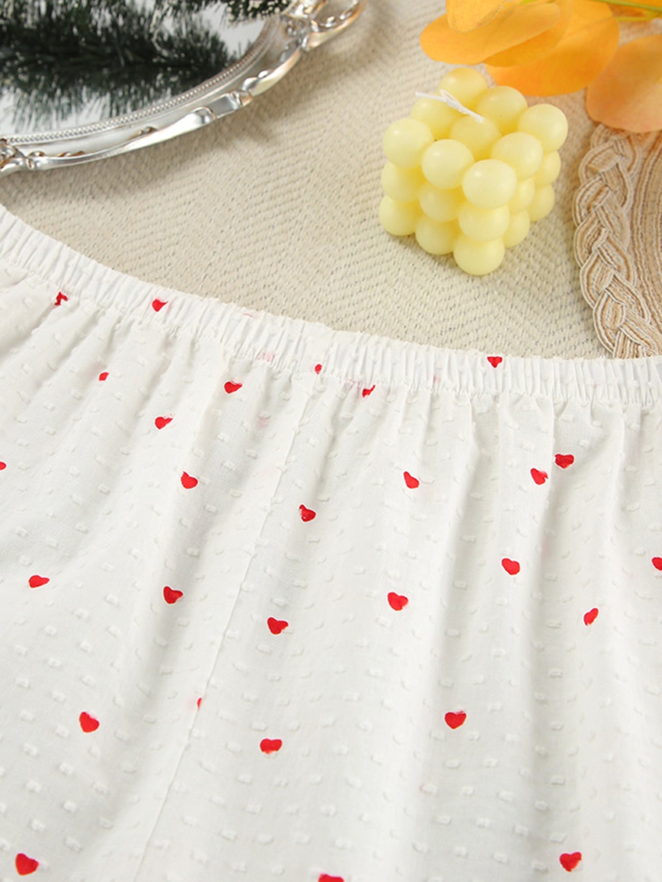 Heart Print Ruffle Trim Button-Up Cotton Lounge Set