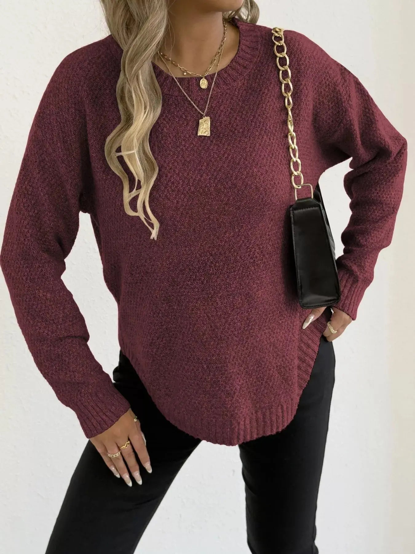 Round Neck Textured Knit Relaxed Fit Sweater