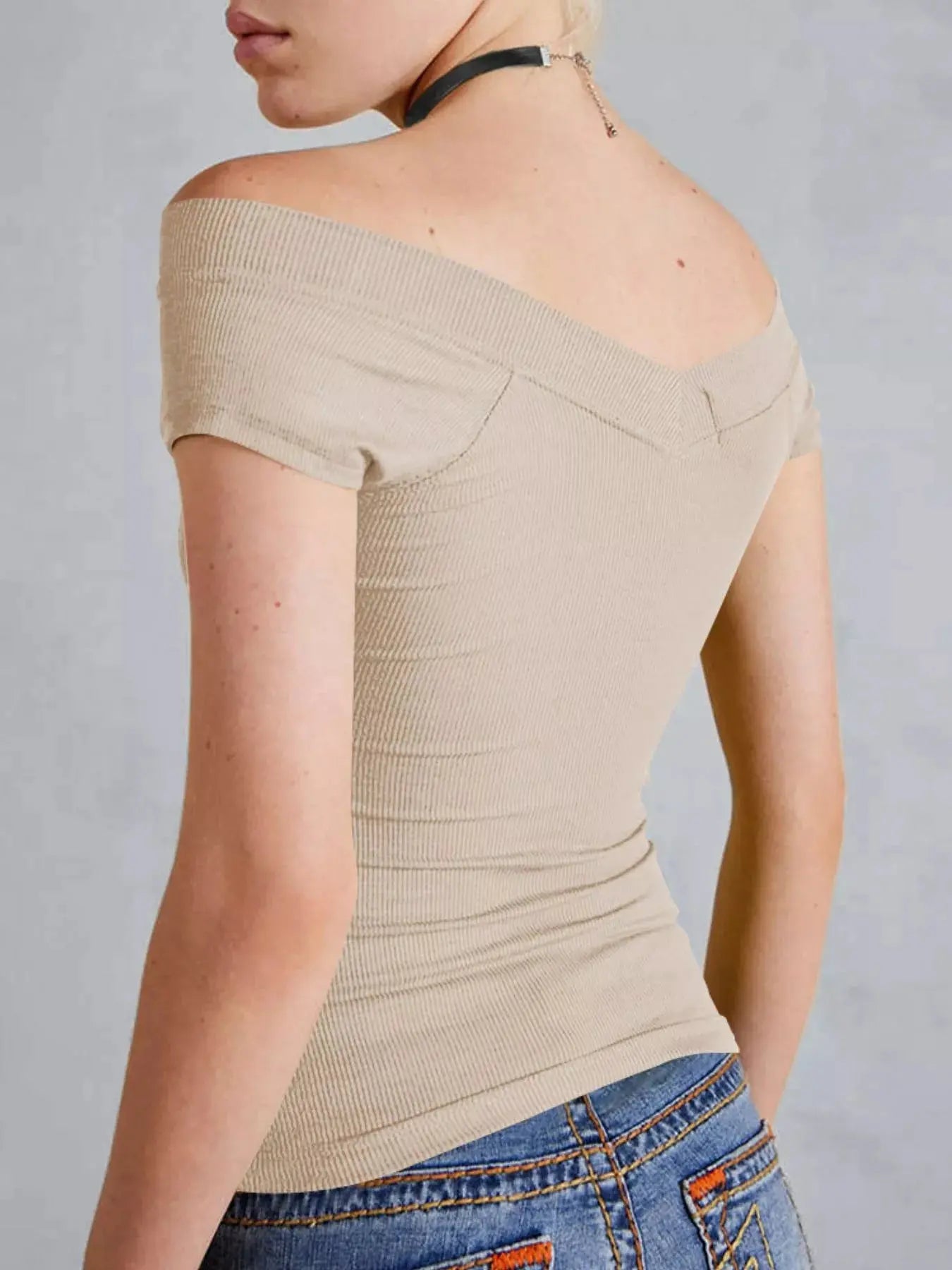 Ribbed Cap Sleeve V Neck Fitted T Shirt