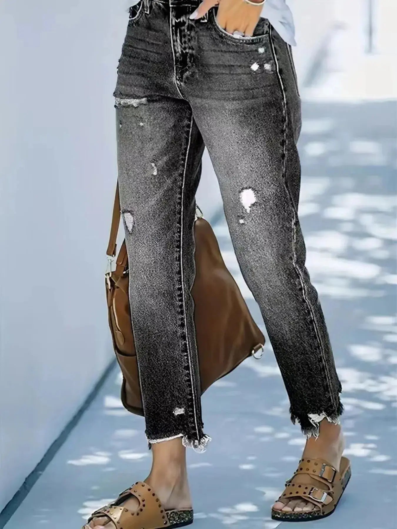 Distressed Straight Leg Jeans with Raw Hems