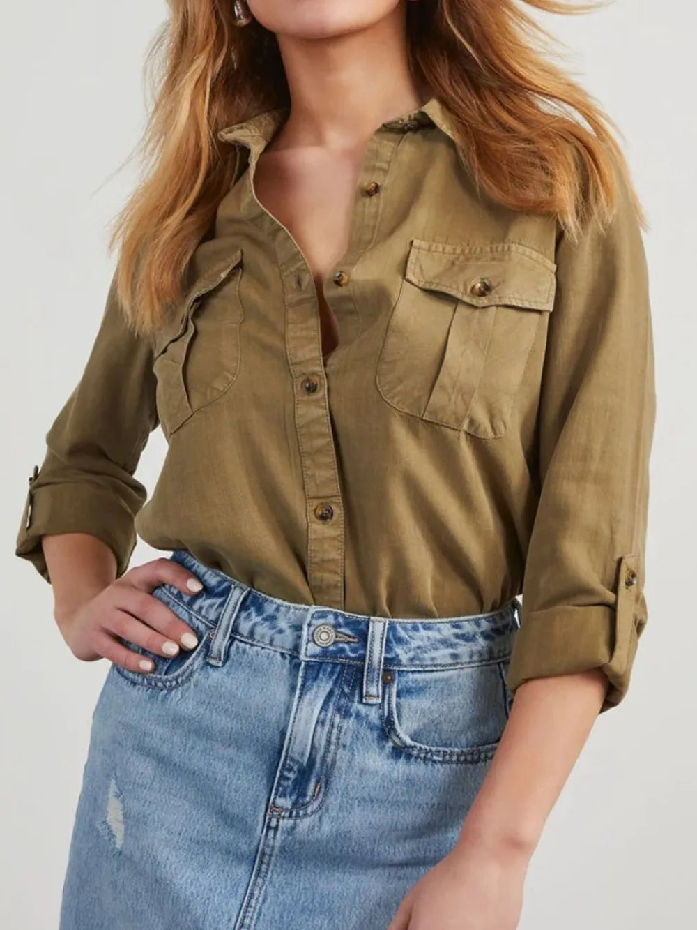 Collared Neck Roll-Tab Sleeve Womens Denim Shirt