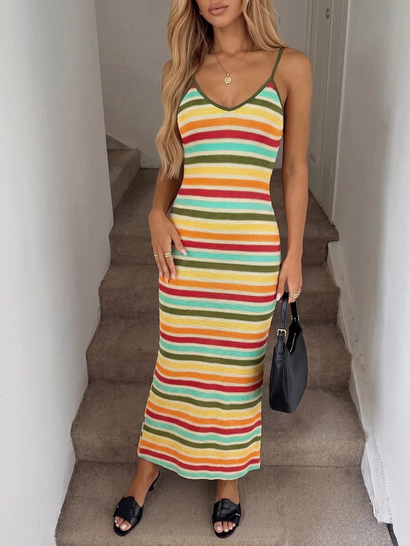 Striped Knit Bodycon Midi Dress
