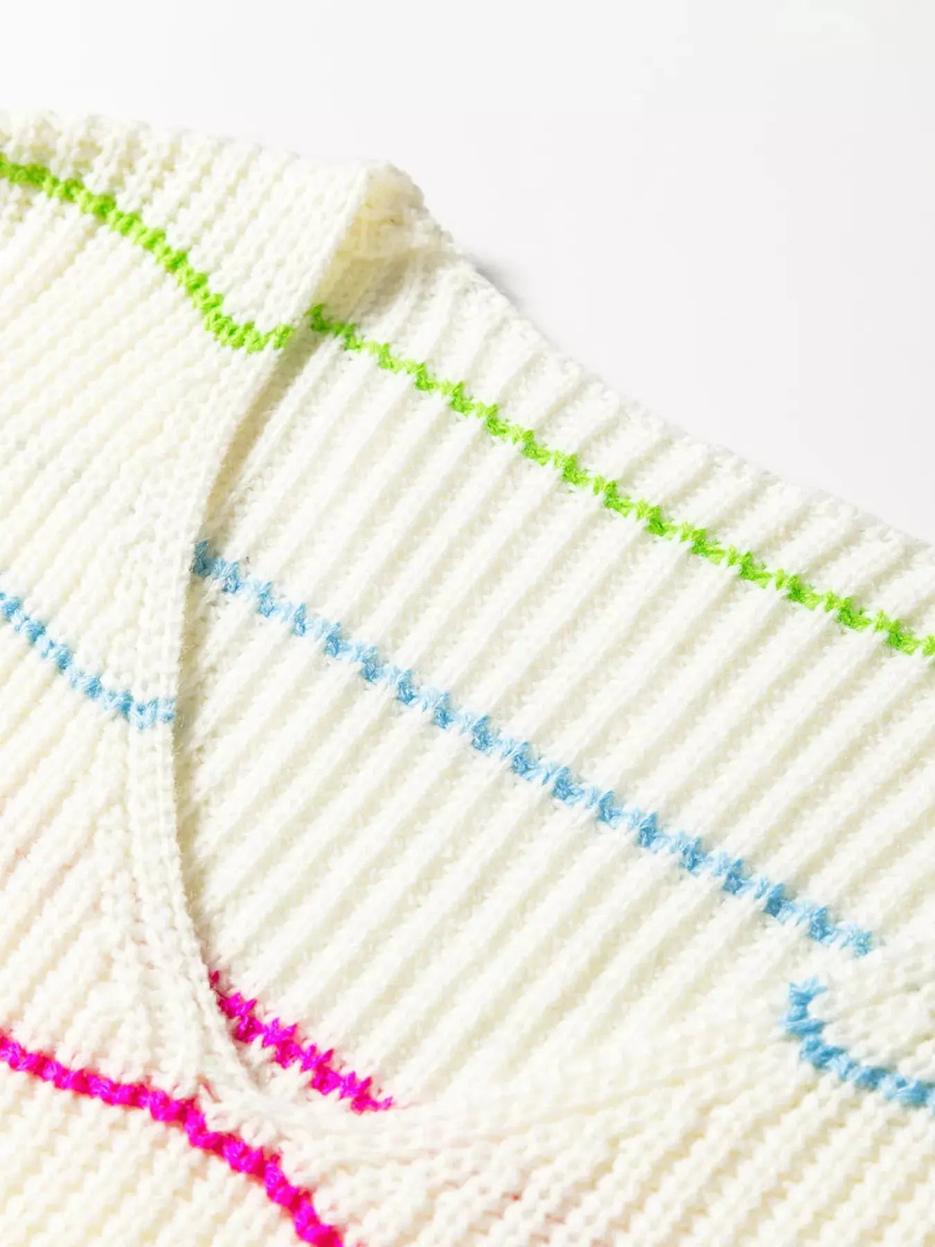 Colorful Striped Detail V-Neck Baggy Drop Shoulder Sweater