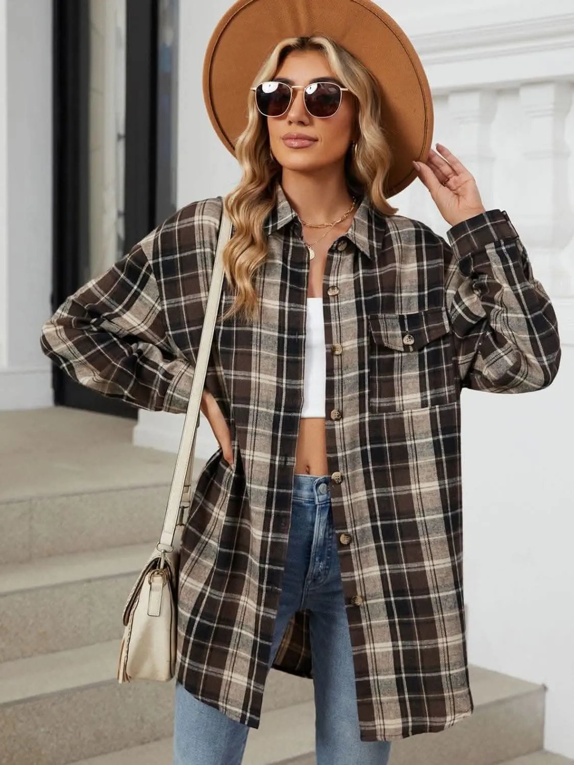 Trendsi Plaid Collared Shirt Long Sleeve — Casual Dusty Pink