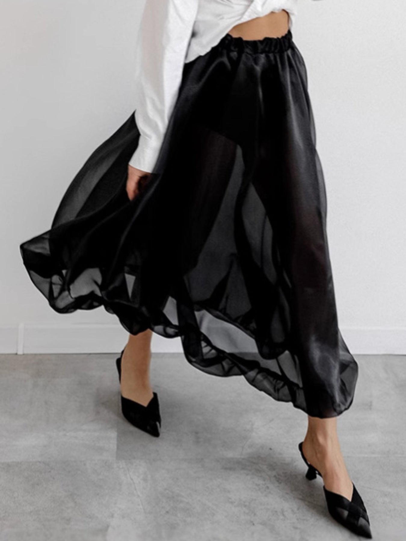 Sheer Flowy Elastic Waist Midi Skirt