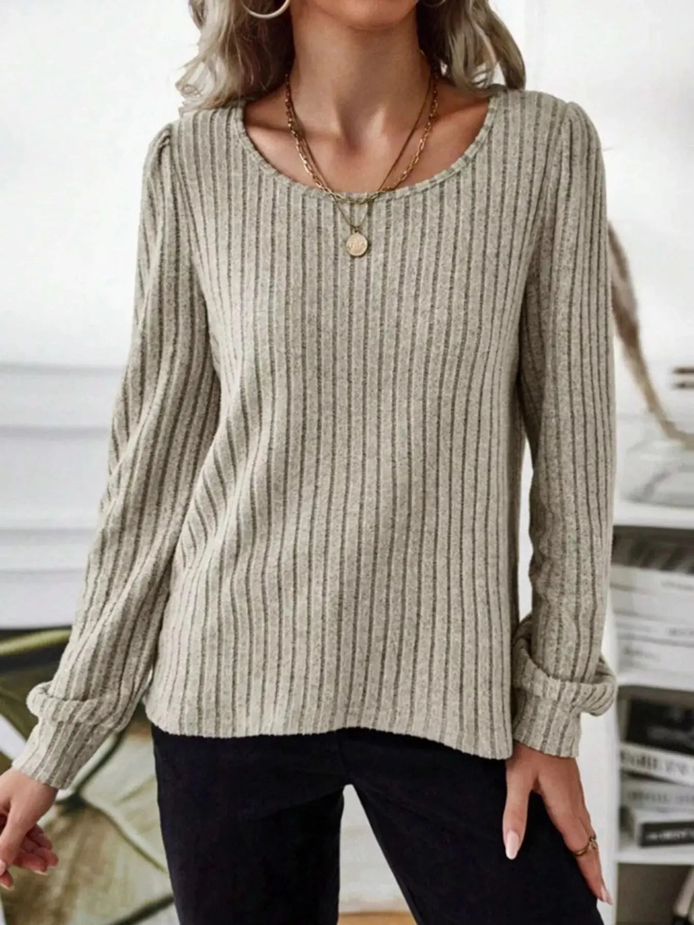 Ribbed Knit Long Sleeve T Shirt